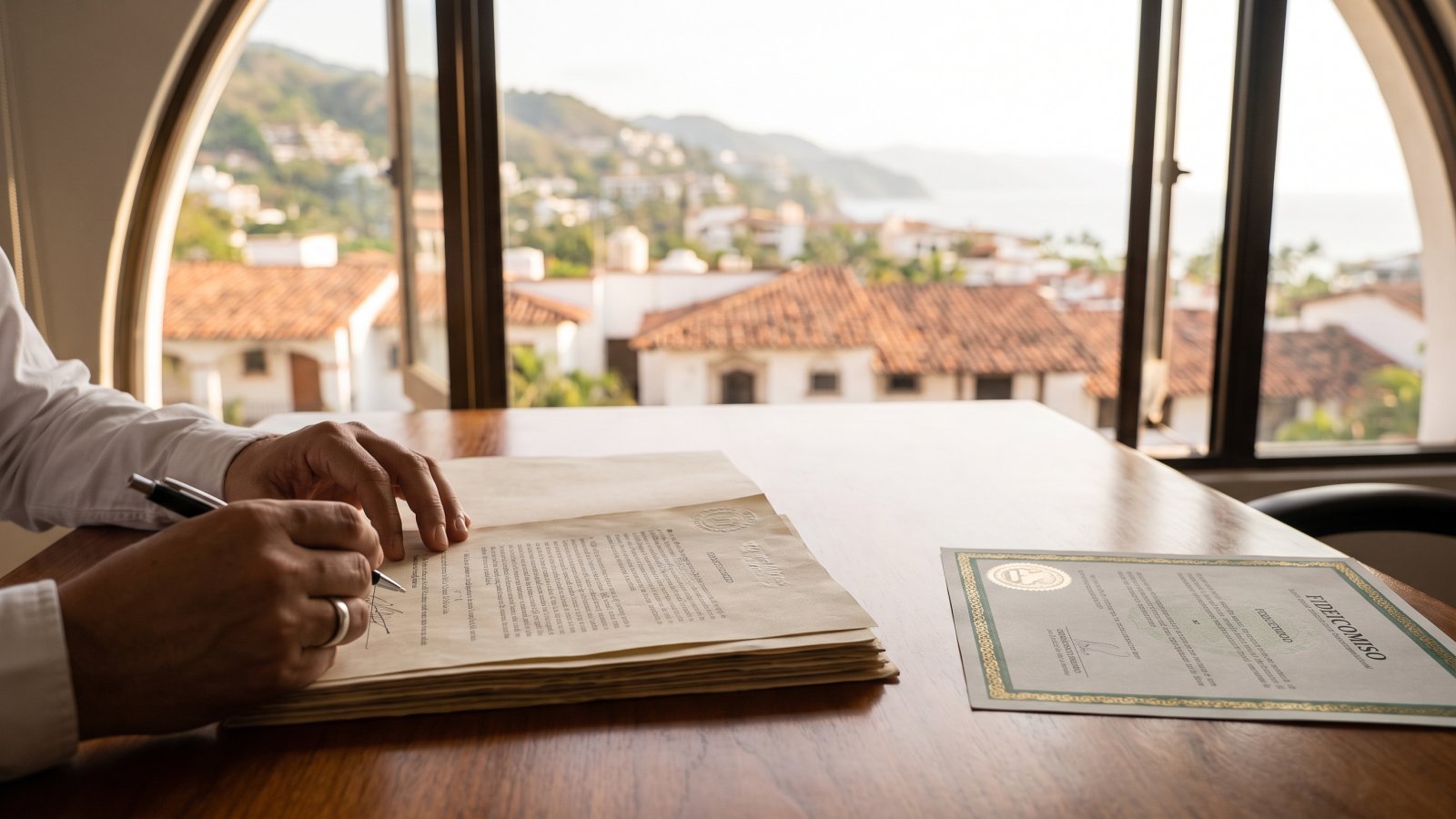 Firma de documentos de fideicomiso bancario en Puerto Vallarta